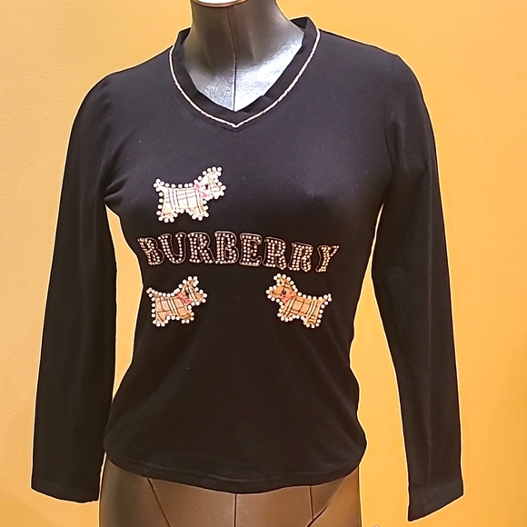 Burberry Tops - Burberry London long sleeve stretch cotton tee with embellishments size M